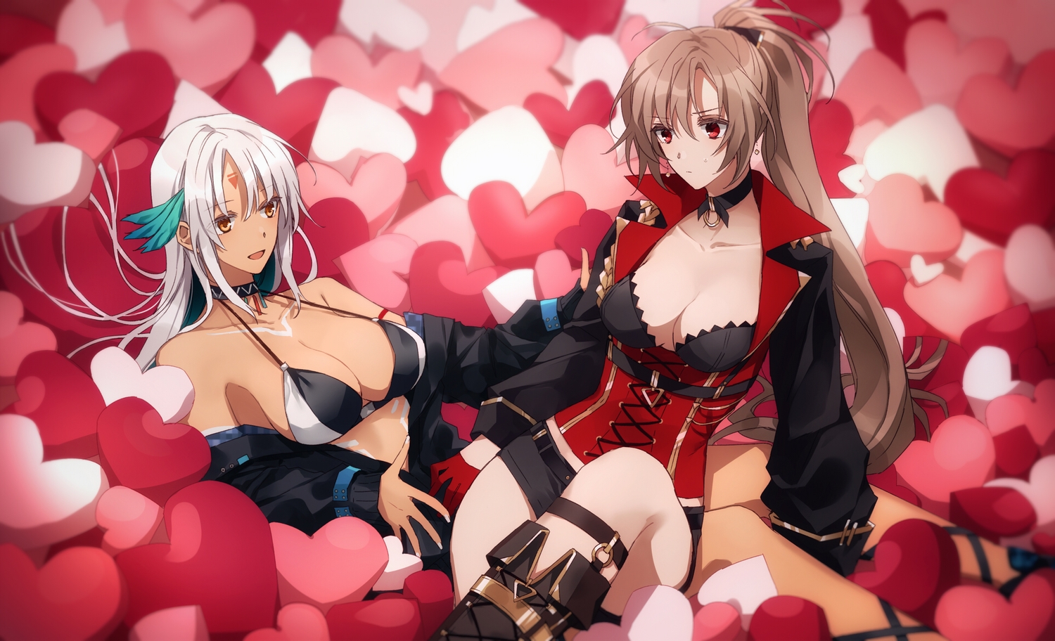 2girls, amazuki_jou, anthropomorphism, azur_lane, boots, breasts, brown_hair, choker