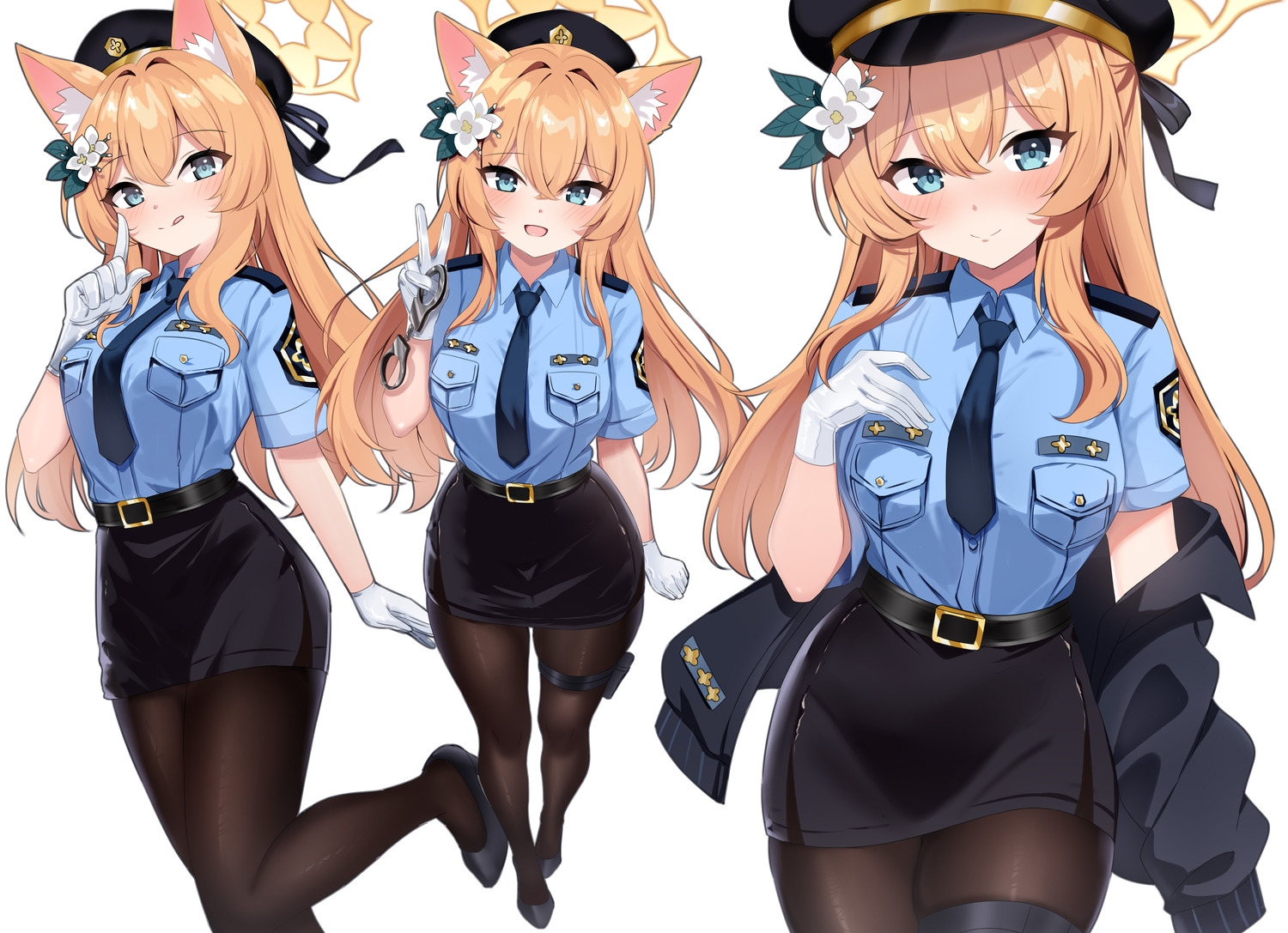 blue_archive, blue_eyes, blush, bow, breast_hold, catgirl, garter, gloves