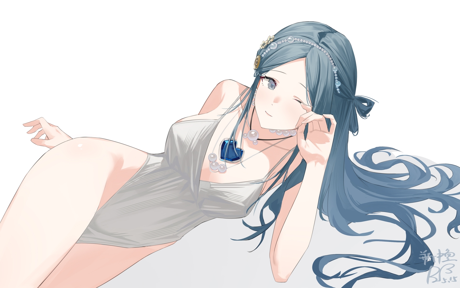 anthropomorphism, azur_lane, blue_hair, champagne_(azur_lane), dress, gradient, gray_eyes, long_hair
