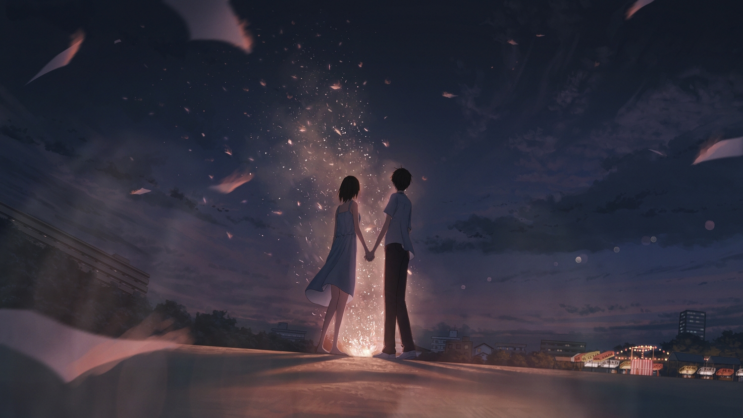 brown_hair, building, city, clouds, dress, festival, fire, male