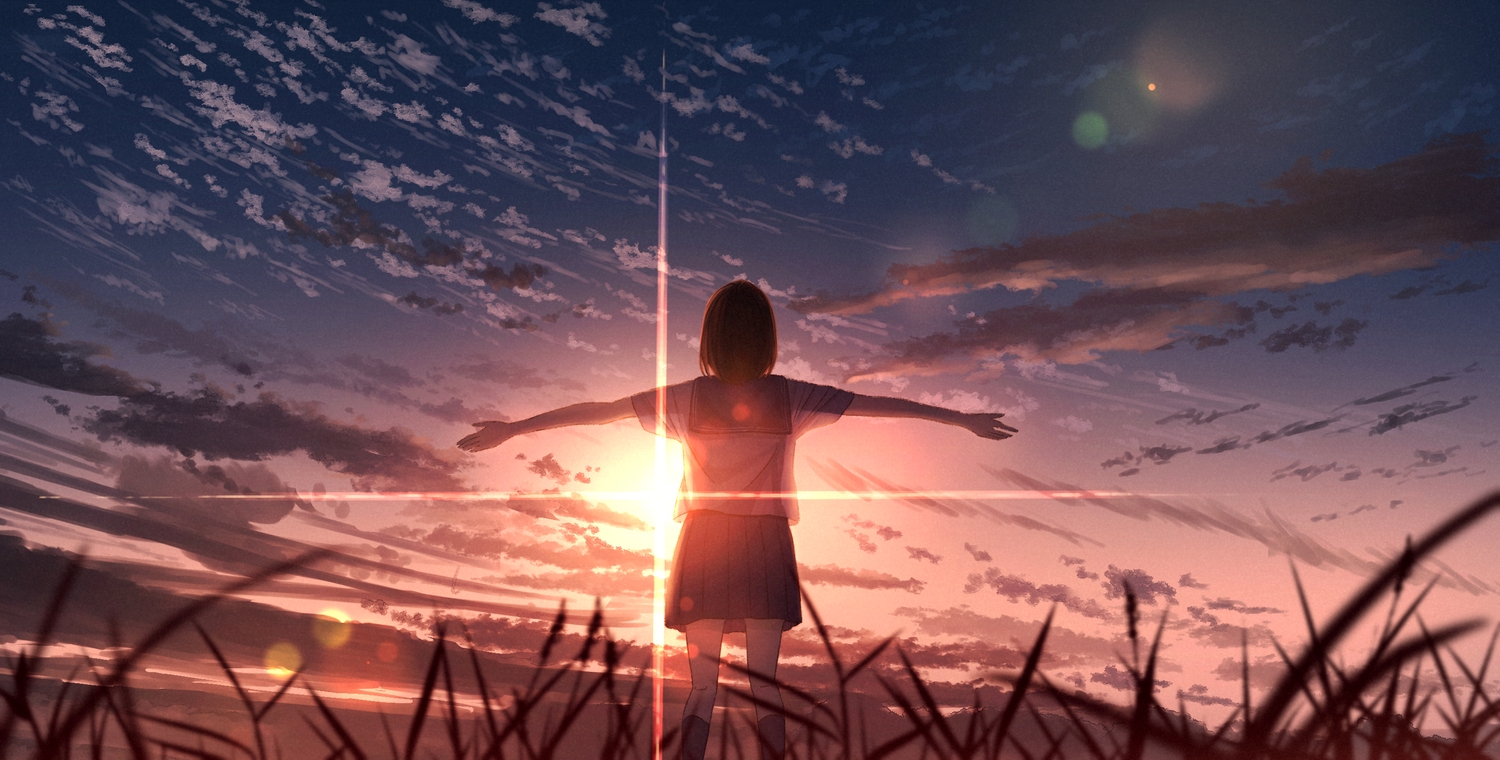 brown_hair, clouds, grass, kneehighs, o-bana, original, scenic, school_uniform