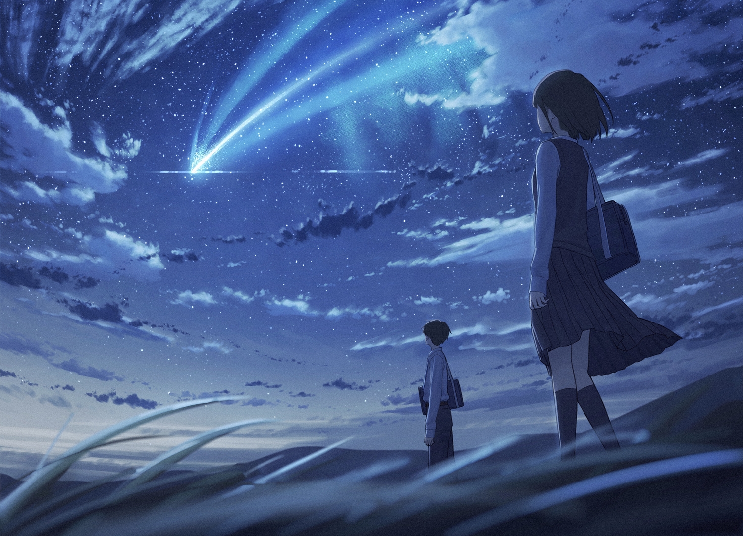 blue, brown_hair, clouds, grass, kneehighs, male, night, o-bana