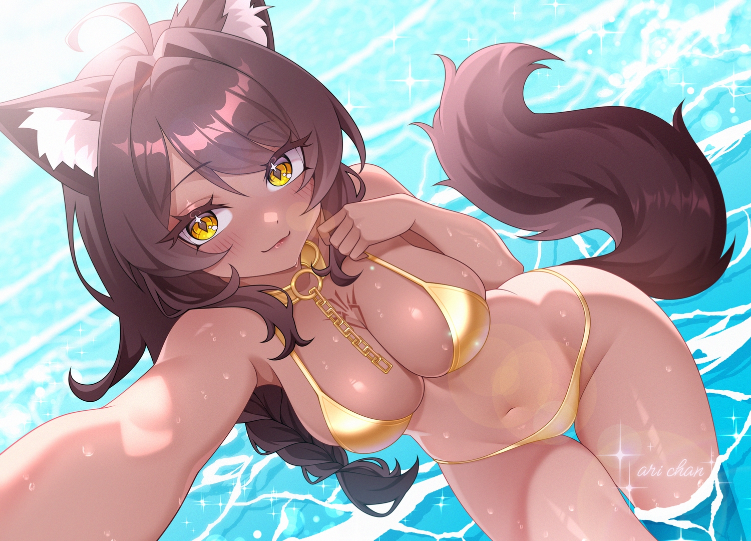 animal_ears, ari4an, bikini, blush, braids, breast_hold, breasts, brown_hair