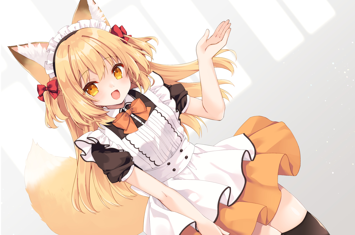 animal_ears, bow, foxgirl, headdress, long_hair, maid, orange_eyes, orange_hair