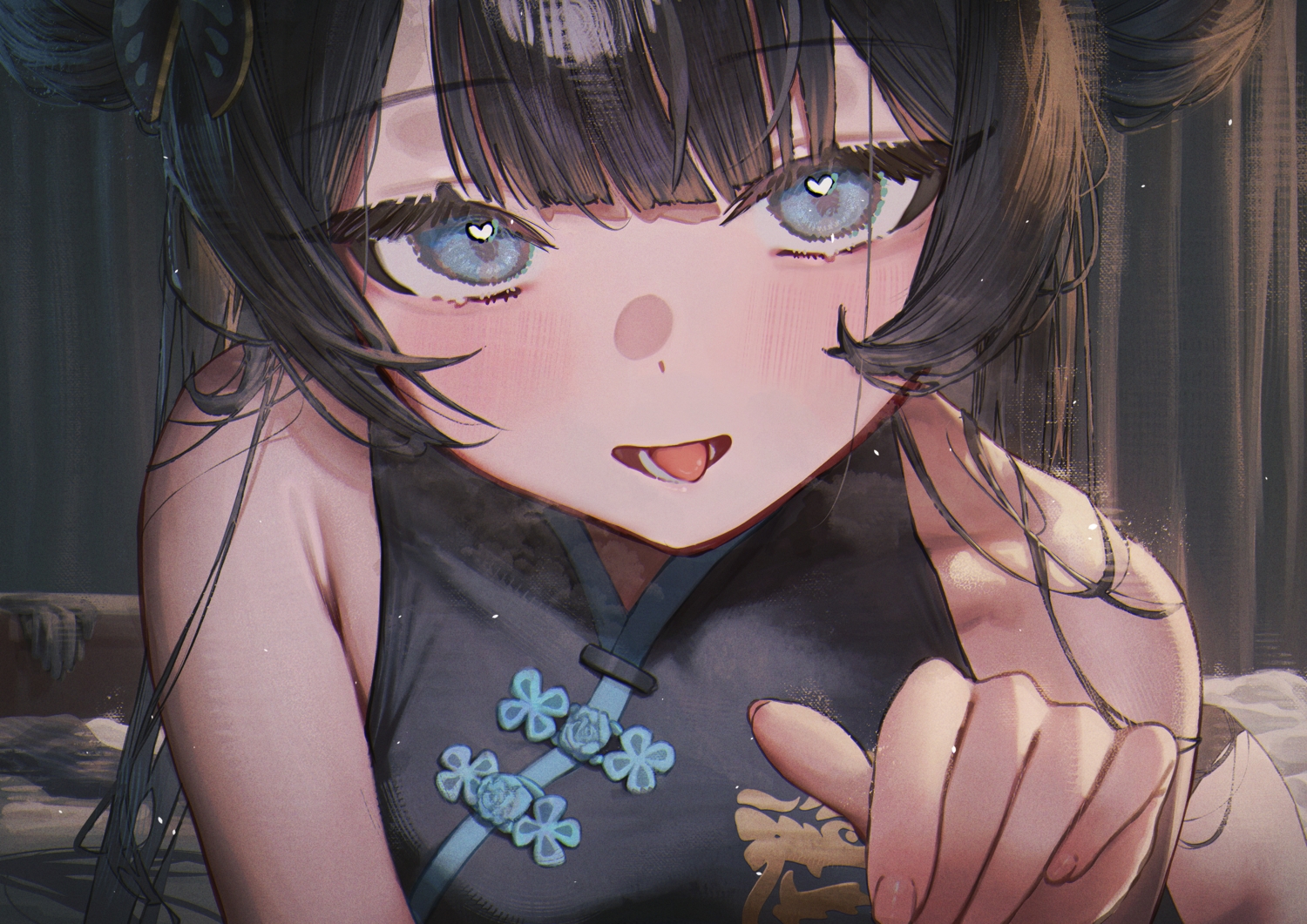 bed, betabeet, black_hair, blue_archive, blue_eyes, blush, chinese_clothes, chinese_dress, close, dress, heart, long_hair, ryuuge_kisaki, twintails