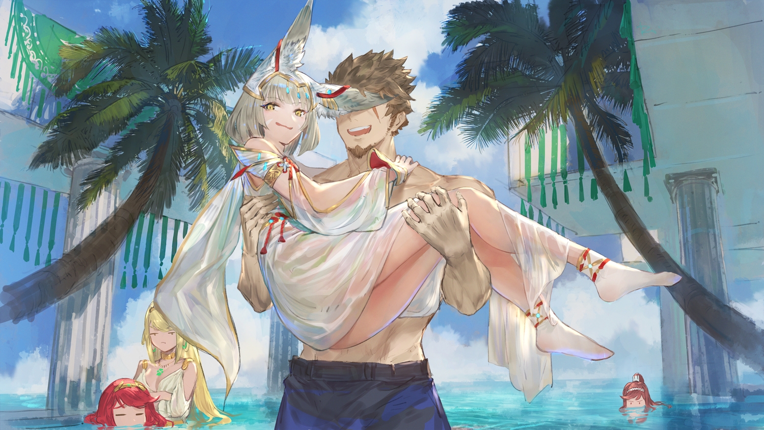 animal_ears, blonde_hair, brown_hair, catgirl, clouds, daible, gray_hair, group