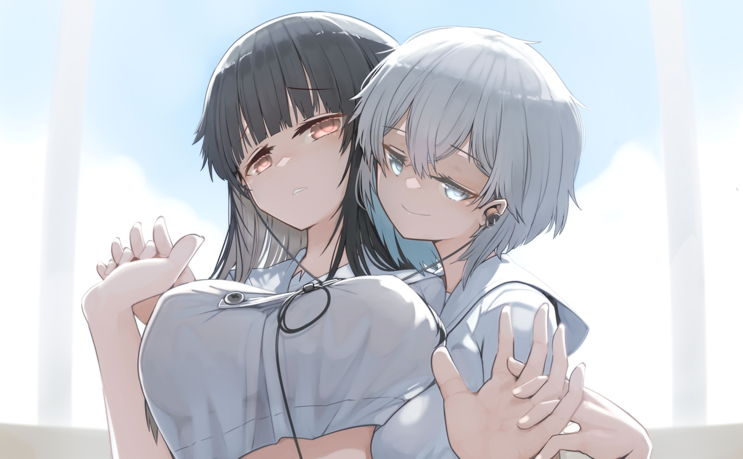 2girls, black_hair, breasts, brown_eyes, close, genek, gray_eyes, headphones, long_hair, original, school_uniform, short_hair, shoujo_ai, white_hair