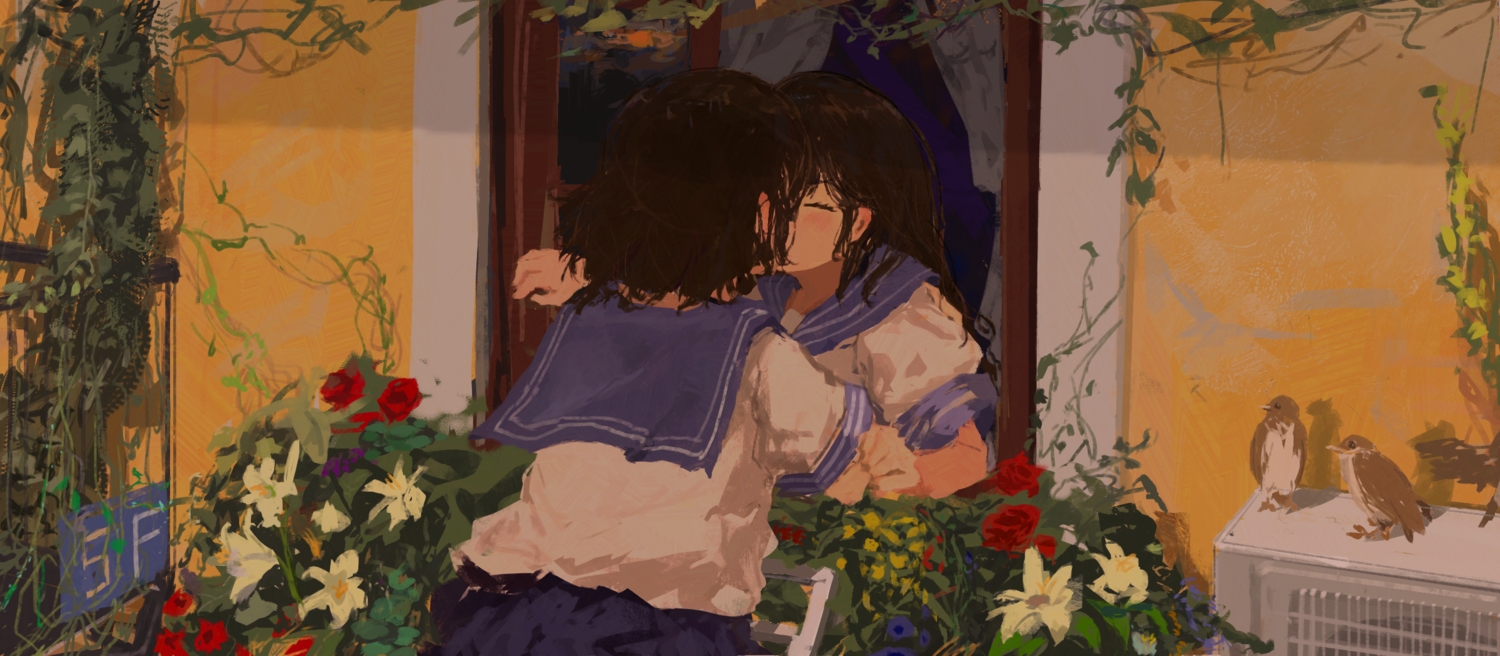 2girls, animal, bird, blareger, blush, flowers, kiss, leaves