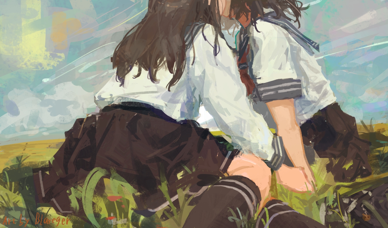 2girls, black_hair, blareger, close, clouds, grass, kiss, kneehighs