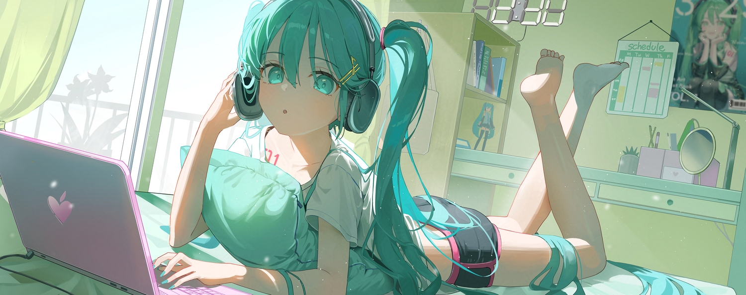 aqua_eyes, aqua_hair, barefoot, bed, book, computer, hatsune_miku, headphones