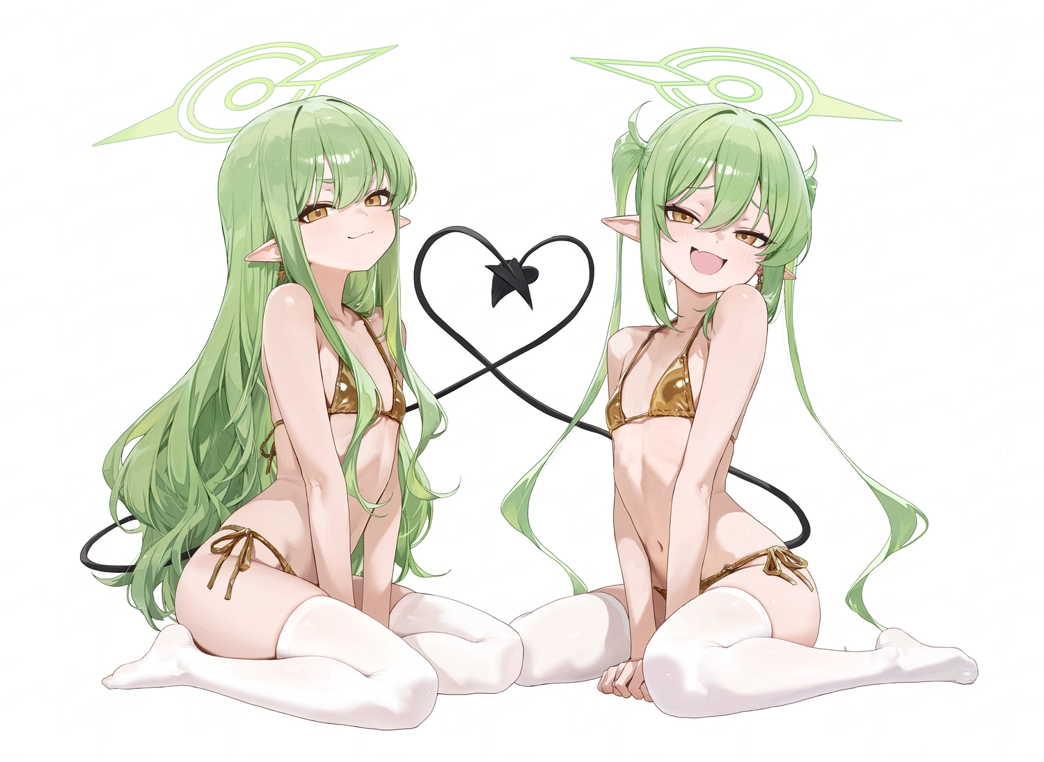 2girls, bikini, blue_archive, blush, brown_eyes, cat_smile, fang, flat_chest, green_hair, halo, loli, long_hair, navel, pointed_ears, swimsuit, tachibana_hikari_(blue_archive), tachibana_nozomi, tail, thighhighs, toi1et_paper, twins, twintails, white