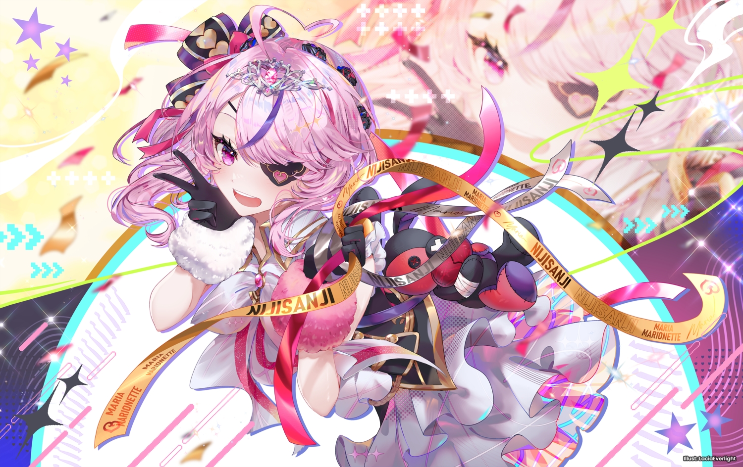 bunny, eyepatch, gloves, lacia_everlight, long_hair, maria_marionette, nijisanji, pink_hair