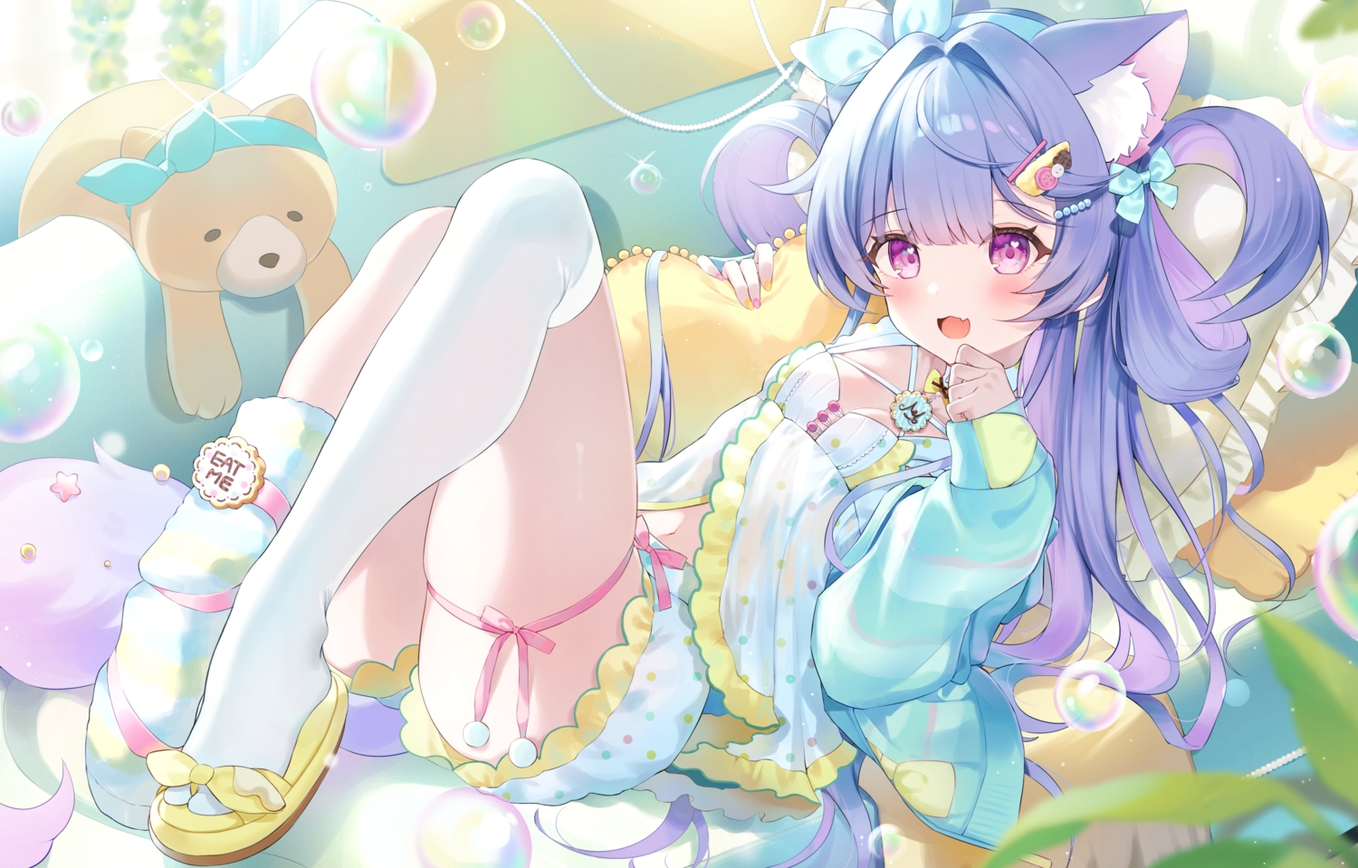 aliasing, animal_ears, blue_hair, blush, bow, bubbles, bunnyjiry_(jirynyang), catgirl