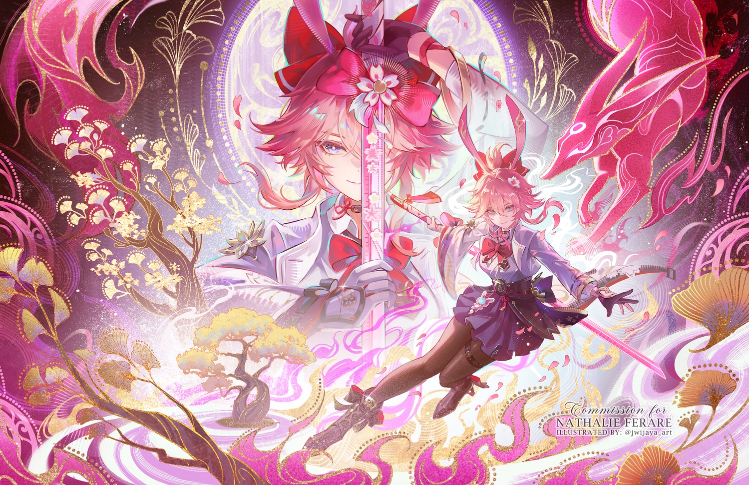 animal_ears, blue_eyes, bow, bunny_ears, cherry_blossoms, evanescia_(honkai:_star_rail), flowers, garter