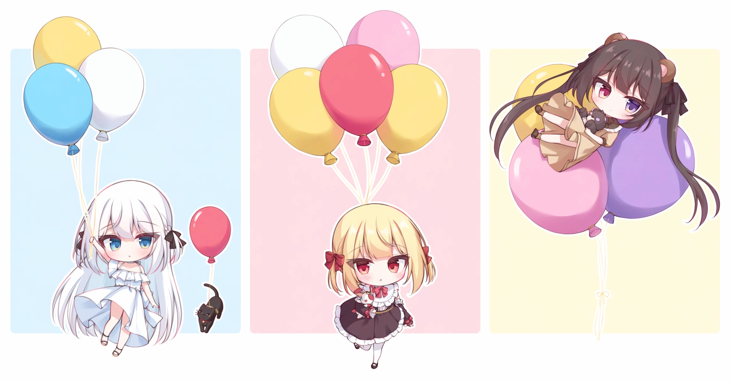 animal, animal_ears, bicolored_eyes, blonde_hair, blue_eyes, blush, bow, brown_hair