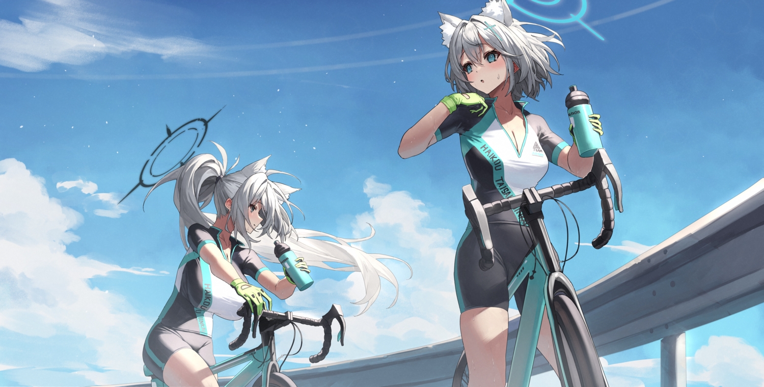 2girls, animal_ears, bicycle, blue_archive, blue_eyes, blush, clouds, drink