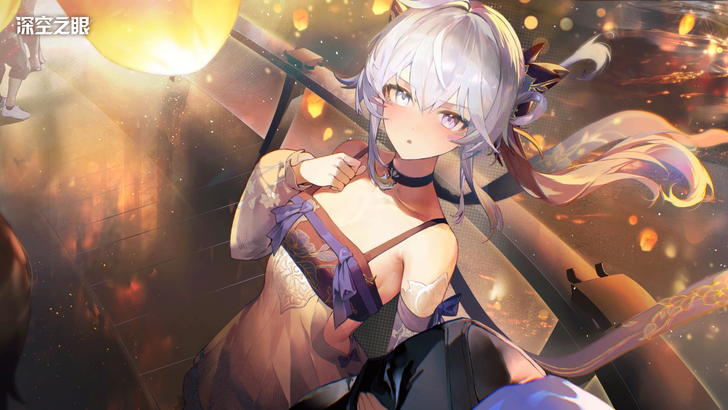 aether_gazer, bicolored_eyes, blush, chinese_clothes, choker, dress, gray_hair, logo