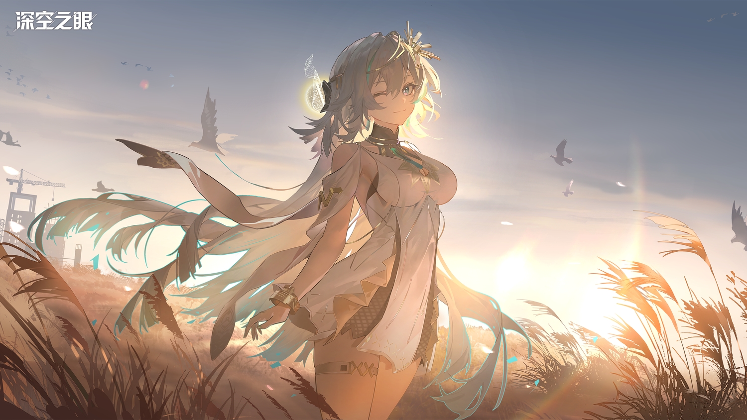 aether_gazer, animal, bird, blue_eyes, brahma_(aether_gazer), breasts, cleavage, clouds