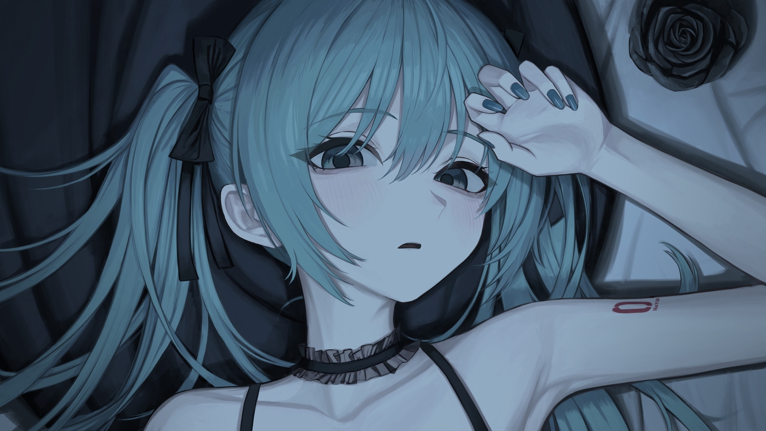 aqua_hair, blush, bow, choker, close, flowers, gray_eyes, hatsune_miku
