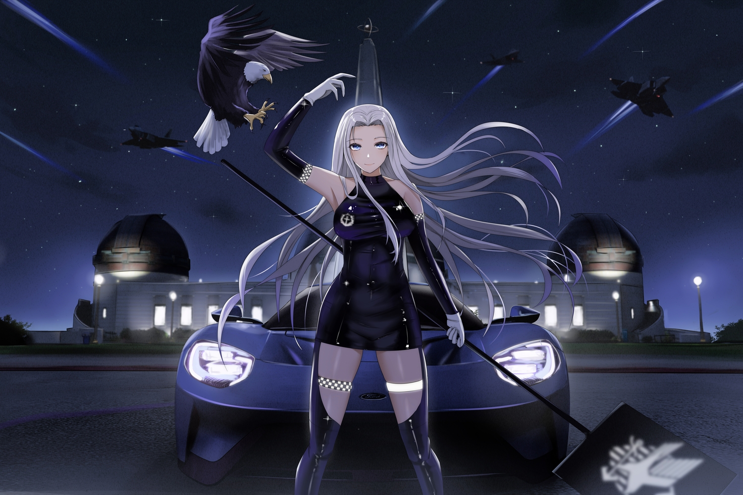 animal, anthropomorphism, azur_lane, bird, blue_eyes, breasts, building, car, dress, elbow_gloves, garter, gloves, gray_hair, grim_(azur_lane), kcar66t, long_hair, night, sky, stars, thighhighs, yorktown_(azur_lane)