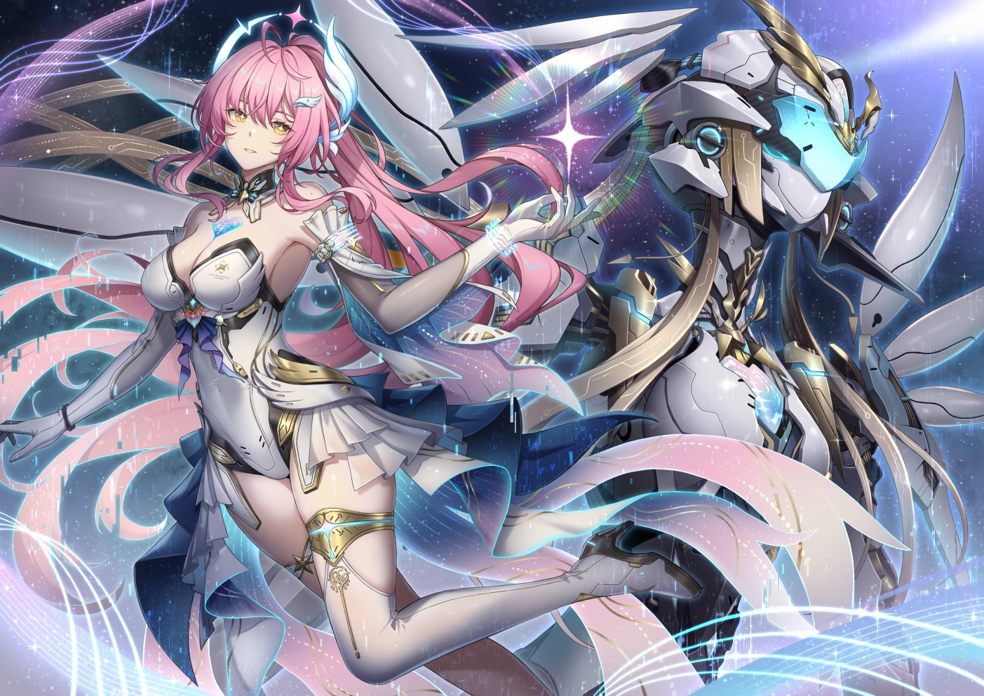 aemeath_(wuthering_waves), breasts, cleavage, elbow_gloves, exostrider_(wuthering_waves), gloves, halo, kiyo_(chaoschyan)