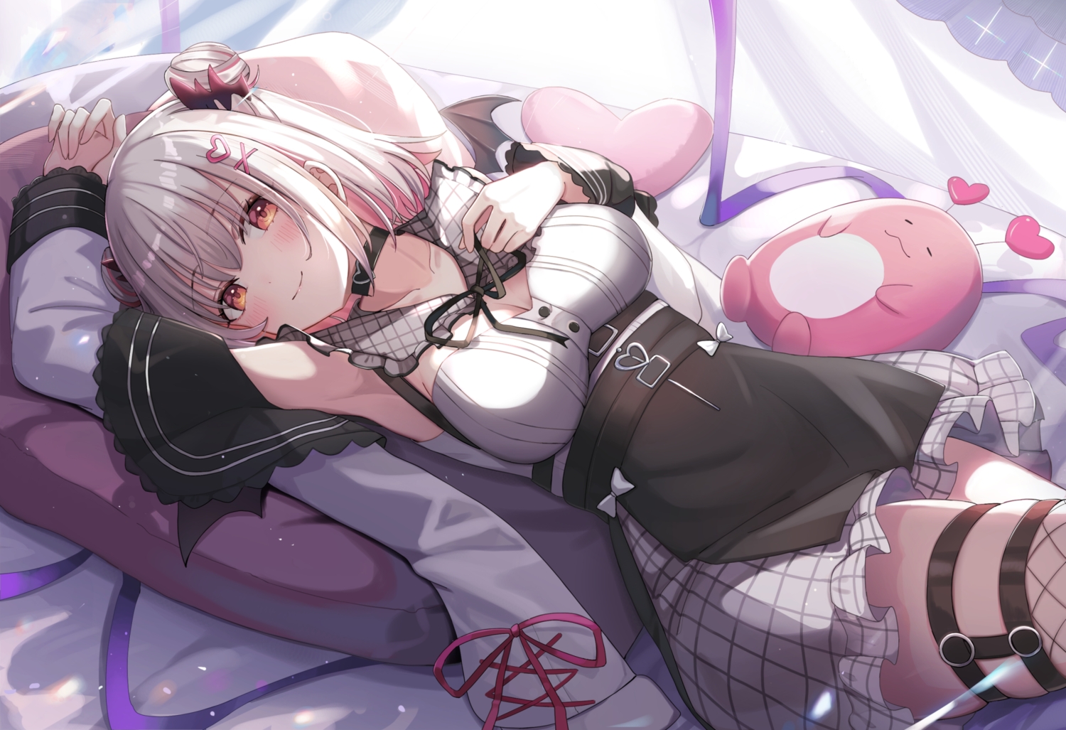 bed, blush, breast_hold, breasts, choker, cleavage, demon, dress