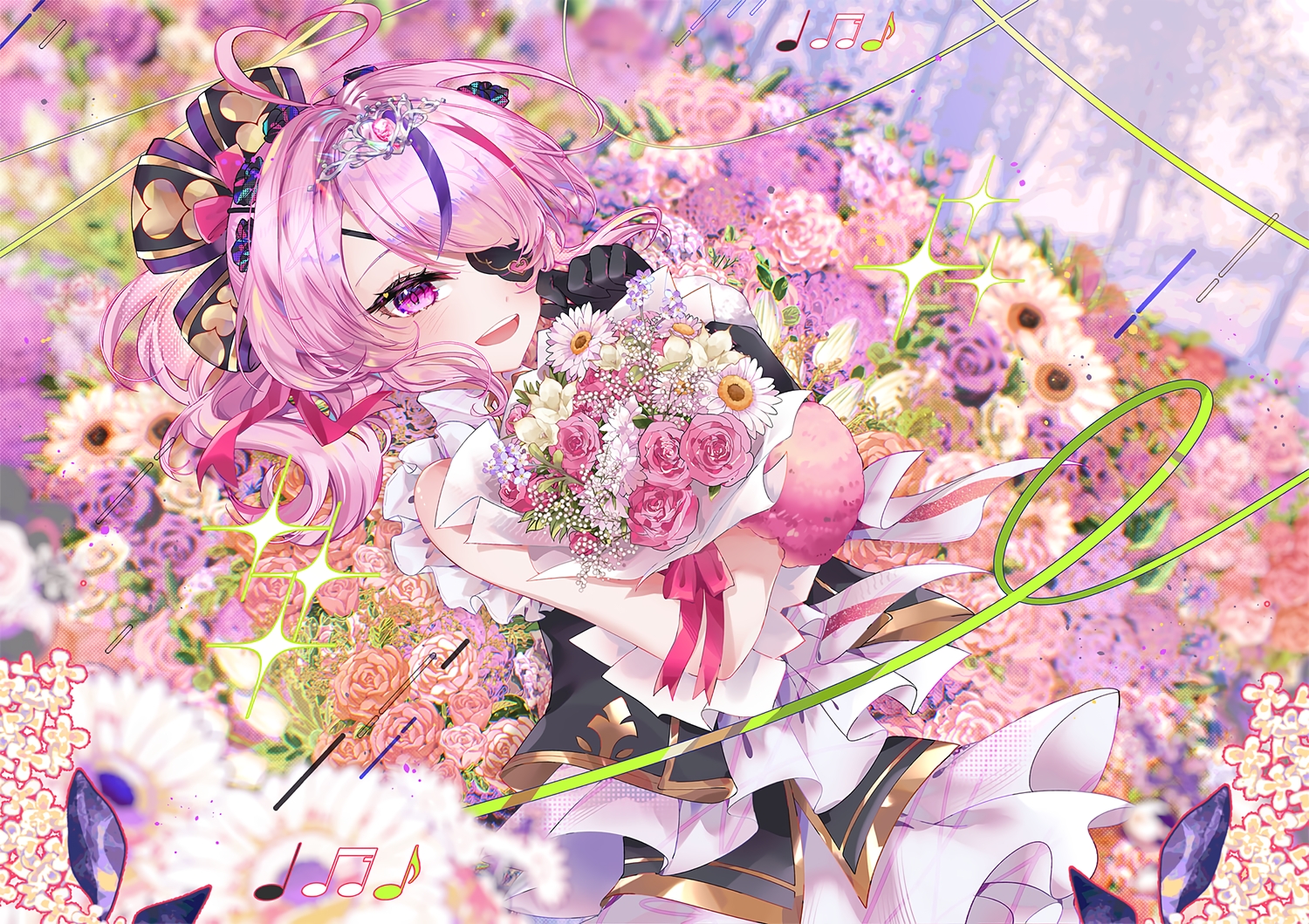 blush, dress, eyepatch, flowers, gloves, lacia_everlight, long_hair, maria_marionette