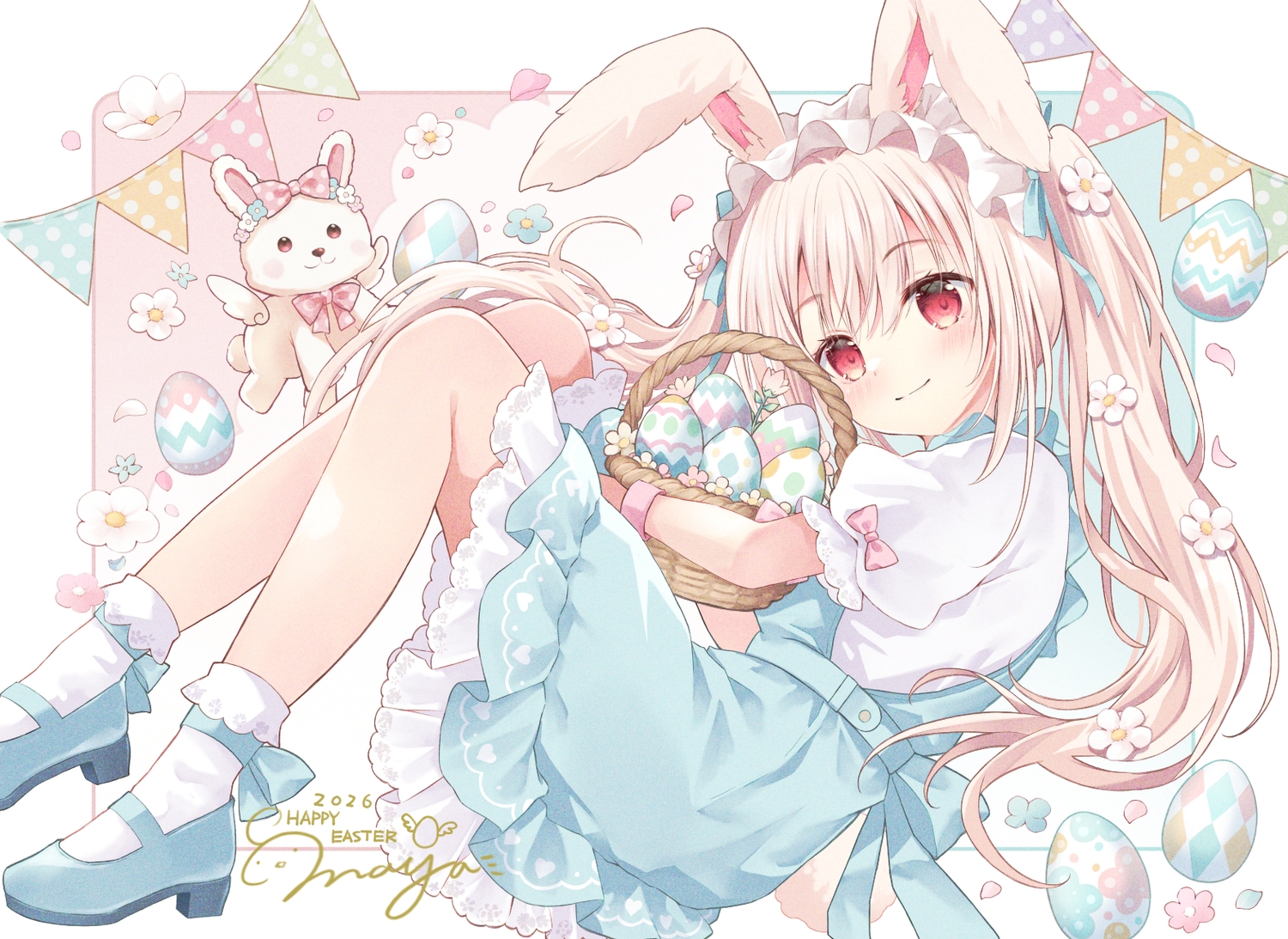 animal_ears, blonde_hair, blush, bow, bunny_ears, bunnygirl, dress, flowers