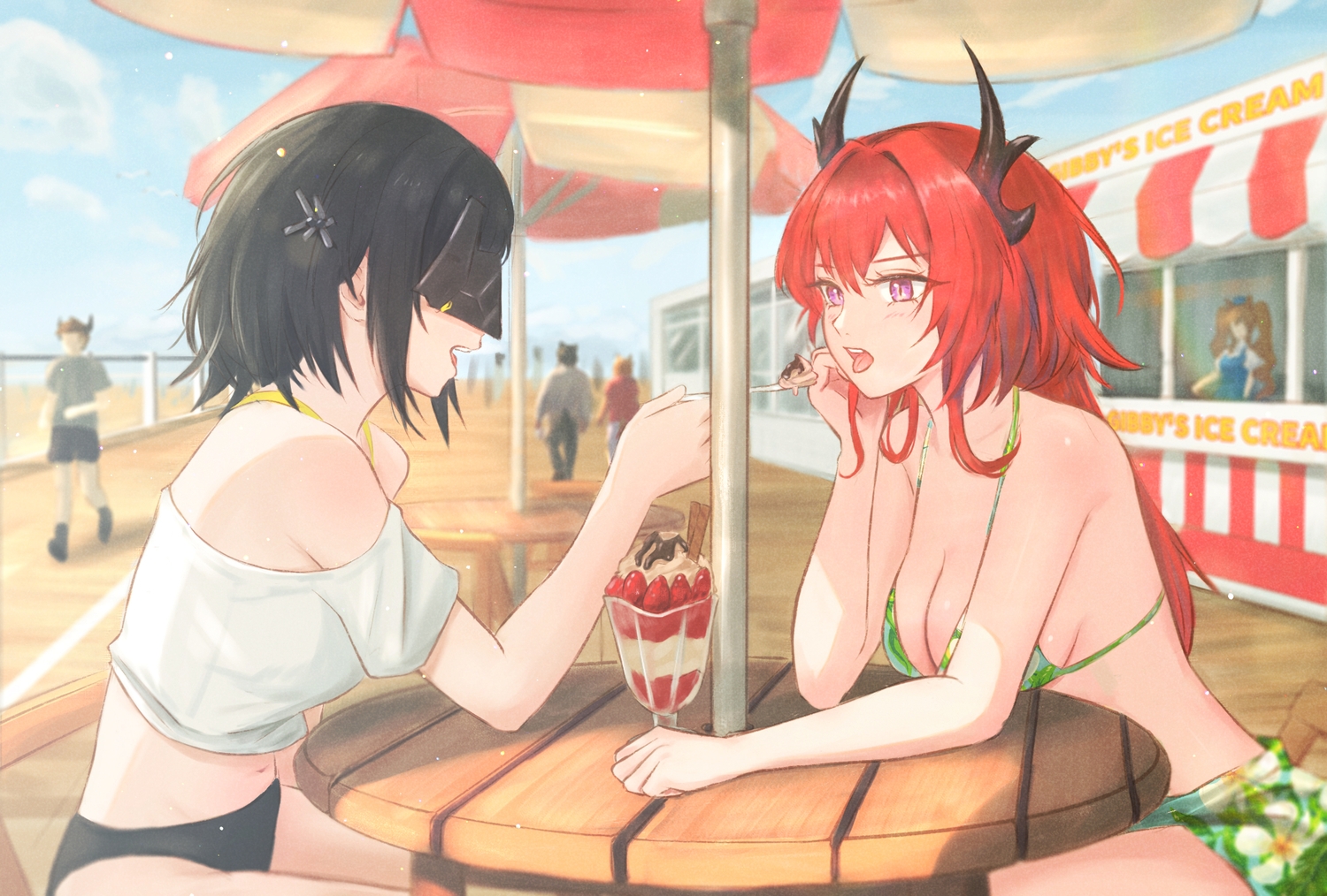 angelina_(arknights), arknights, arknights:_endfield, bikini, black_hair, breasts, cleavage, close