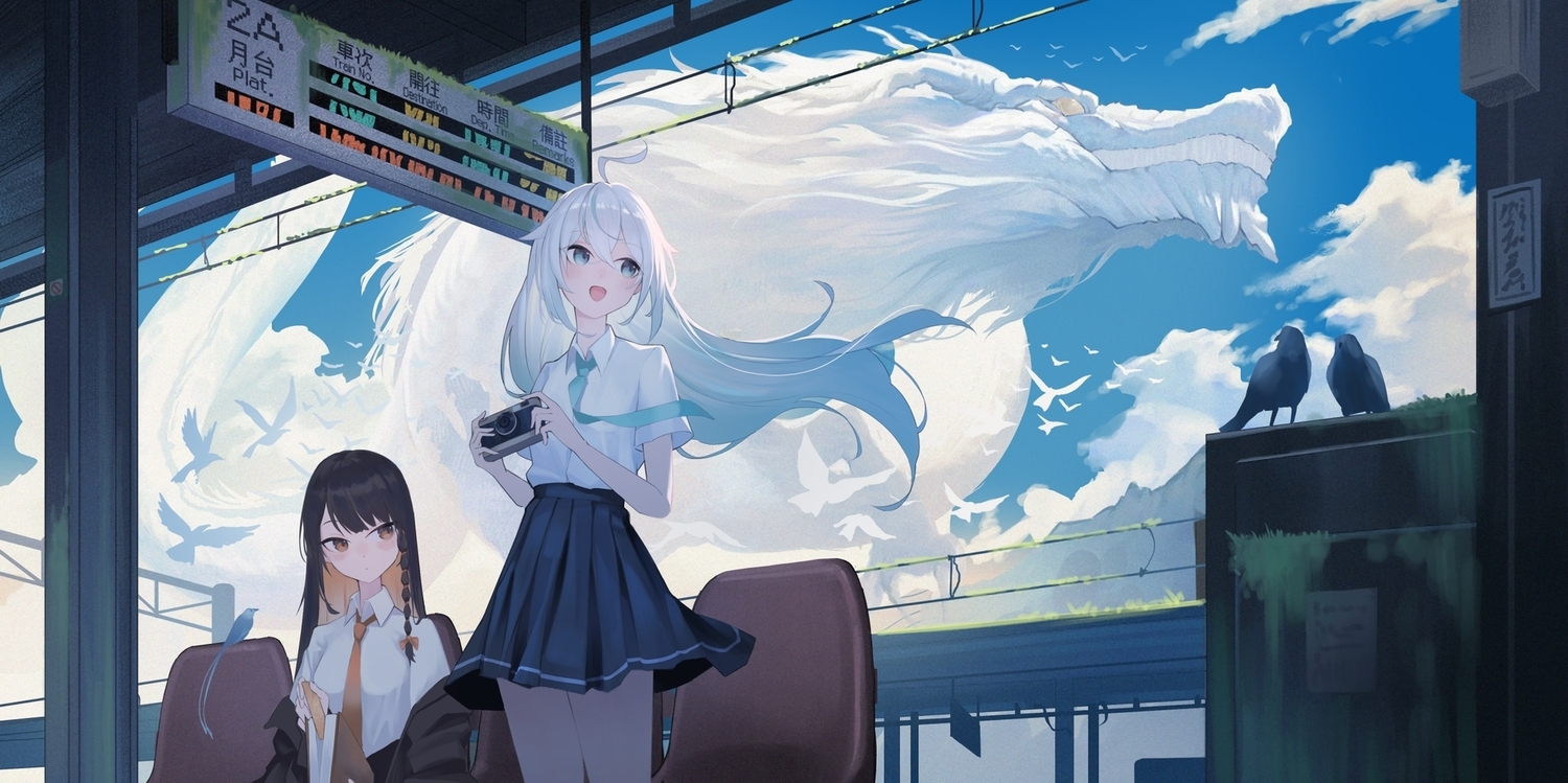 2girls, animal, bird, black_hair, blue_eyes, braids, brown_eyes, camera