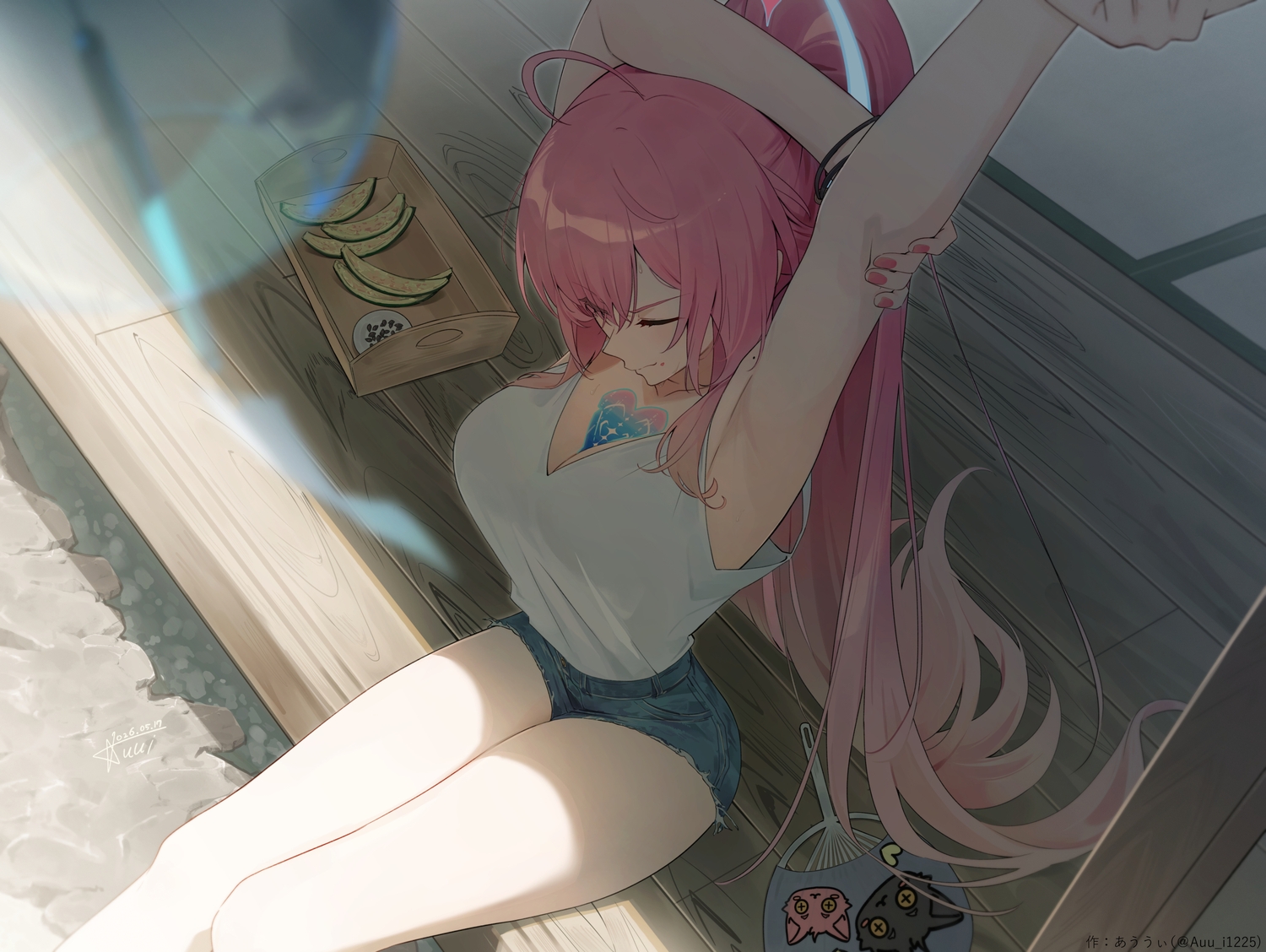 aemeath_(wuthering_waves), auui, bell, breasts, building, cleavage, fan, food, fruit, long_hair, pink_hair, ponytail, shade, shorts, summer, watermark, wuthering_waves