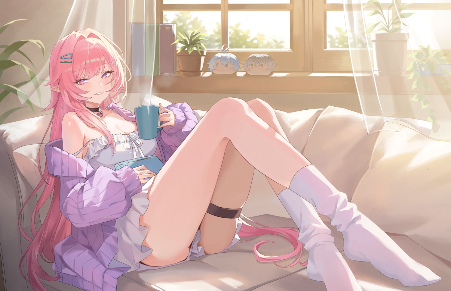 blush, book, breasts, choker, cleavage, couch, cyrene_(honkai:_star_rail), dress, drink, garter, honkai_(series), honkai:_star_rail, long_hair, no_bra, pink_hair, pointed_ears, purple_eyes, socks, ssatang_118
