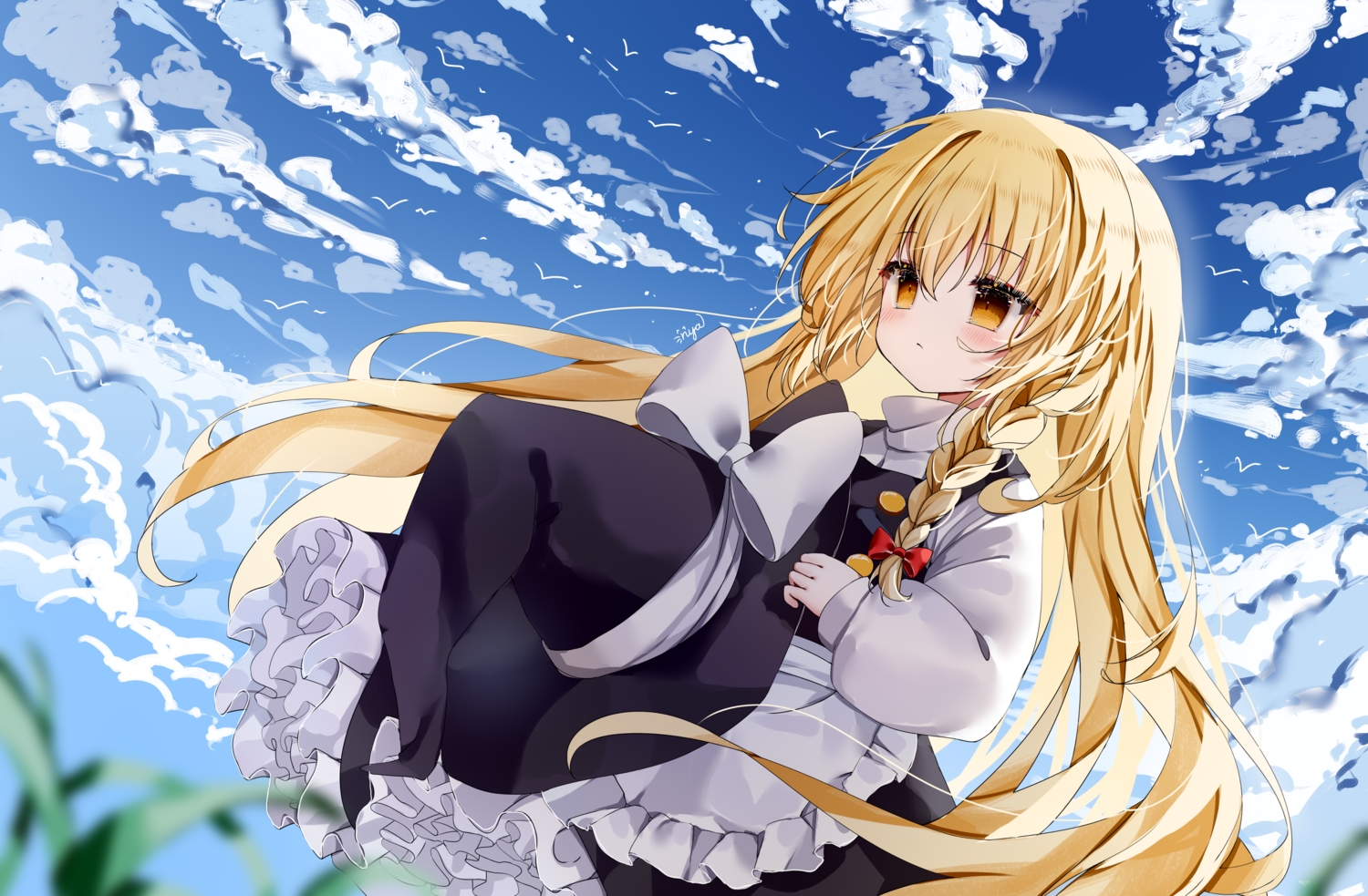 apron, blonde_hair, blush, bow, braids, brown_eyes, clouds, grass, hat, kirisame_marisa, loli, long_hair, nya_(pixiv_100585577), shirt, signed, skirt, sky, touhou, witch_hat