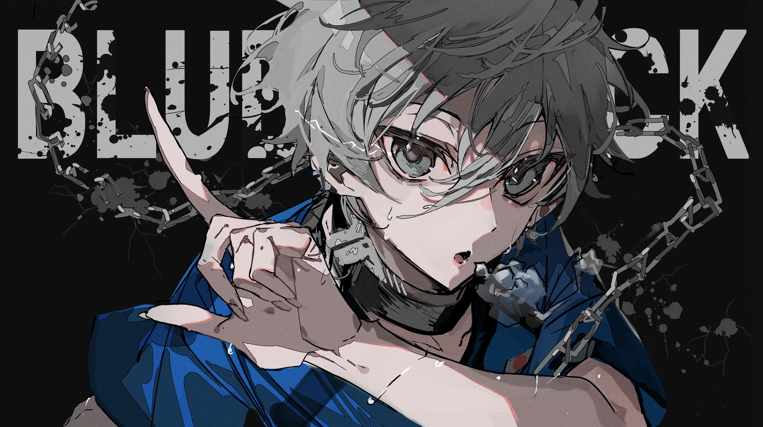 all_male, black, blue_lock, chain, close, collar, gray_eyes, gray_hair, male, mura_karuki, nagi_seishirou, short_hair, sketch, uniform