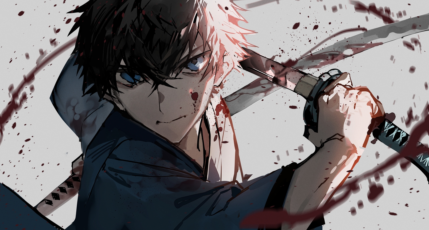 all_male, blood, blue_eyes, brown_hair, close, fate/samurai_remnant, fate_(series), japanese_clothes, katana, male, miyamoto_iori_(fate), mura_karuki, short_hair, sketch, sword, weapon