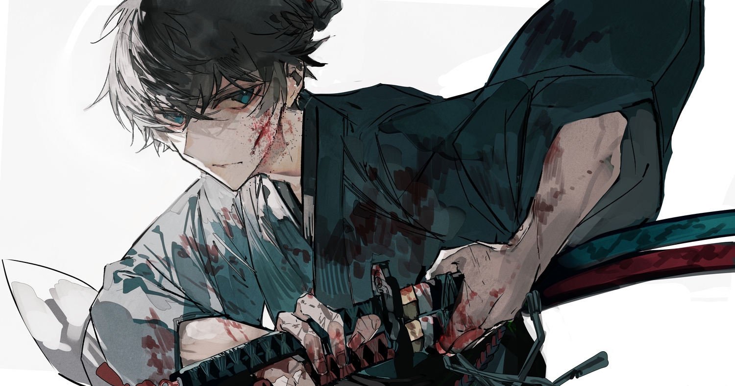 all_male, black_hair, blood, blue_eyes, close, fate/samurai_remnant, fate_(series), japanese_clothes