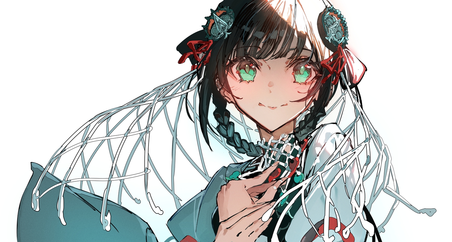 black_hair, blush, braids, close, fate/samurai_remnant, fate_(series), green_eyes, long_hair, mura_karuki, ototachibana-hime_(fate), sketch, white