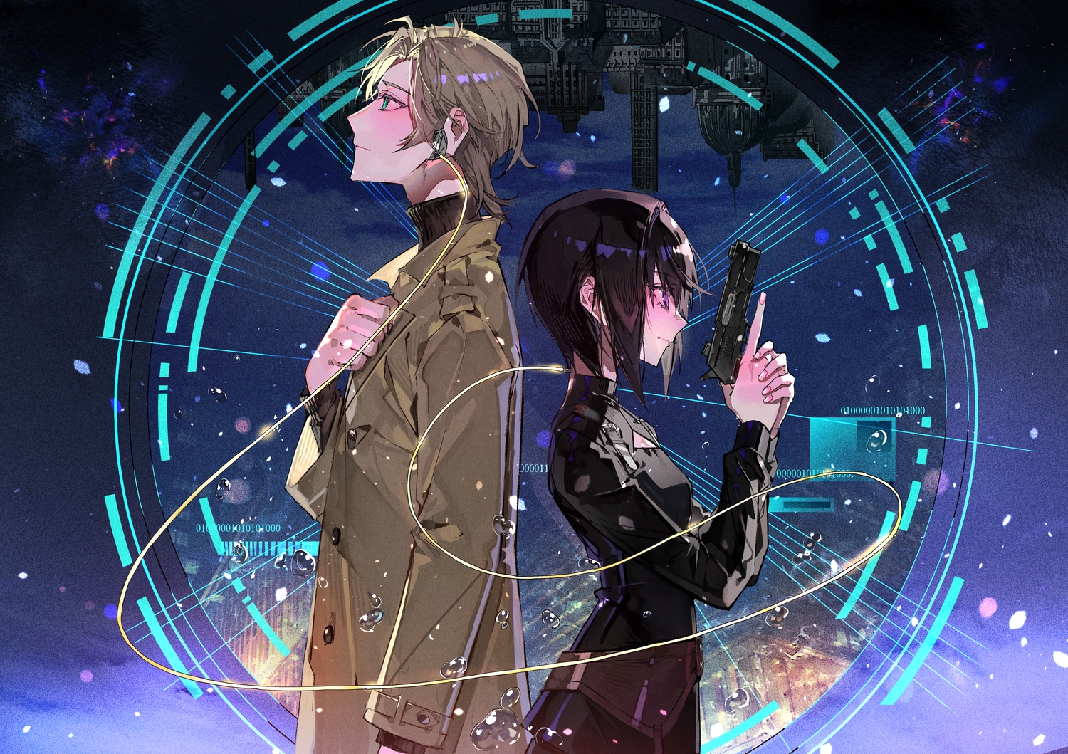 black_hair, blonde_hair, building, clouds, dress, echika_hieda, green_eyes, gun, harold_lucraft, male, mura_karuki, purple_eyes, short_hair, sketch, sky, techgirl, water, weapon, your_forma