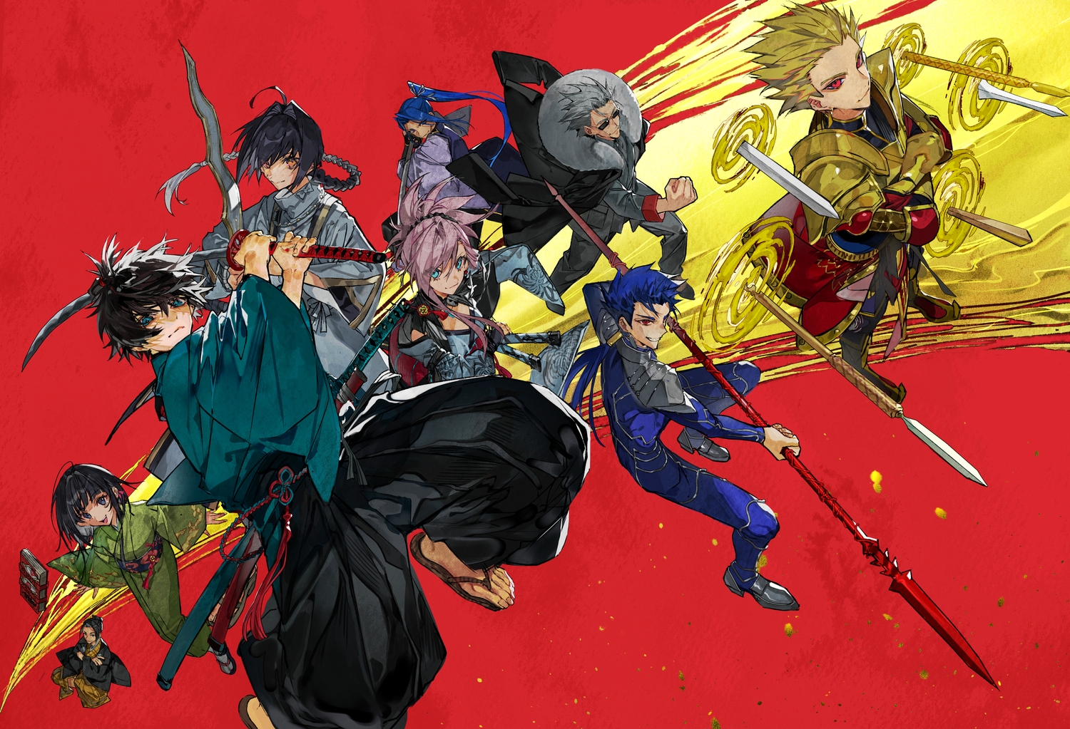 arai_sukenoshin_(fate), armor, book, crimson_codex_(fate), cu_chulainn, fate/samurai_remnant, fate_(series), gilgamesh, japanese_clothes, katana, li_shuwen, male, miyamoto_iori_(fate), miyamoto_musashi_(fate/grand_order), mura_karuki, ogasawara_kaya, red, sasaki_kojirou_(fate), spear, sword, weapon, yamato_takeru_(fate)