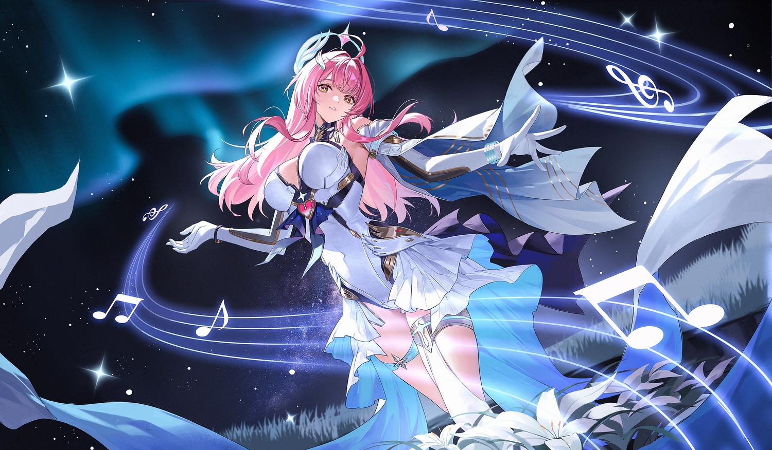 aemeath_(wuthering_waves), blush, dress, elbow_gloves, flowers, garter, gloves, grass