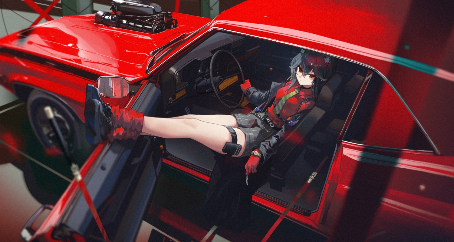 animal_ears, arknights, black_hair, car, fr-ee-dom, garter, gloves, red_eyes
