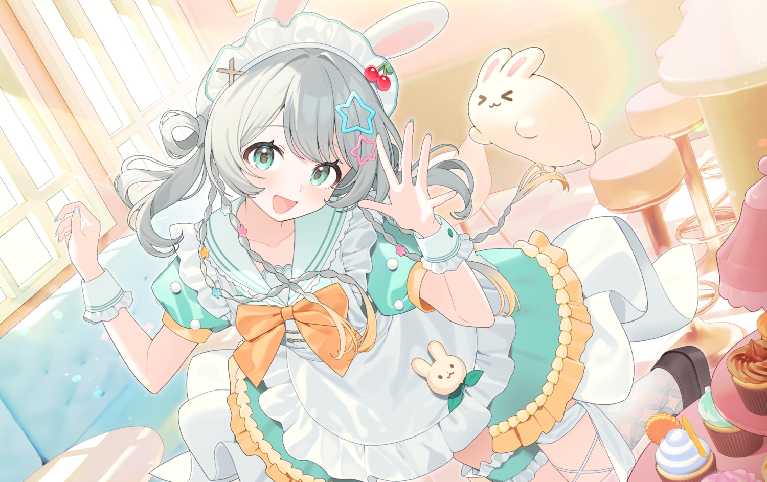 animal, animal_ears, apron, aqua_eyes, blush, braids, bunny_ears, cake