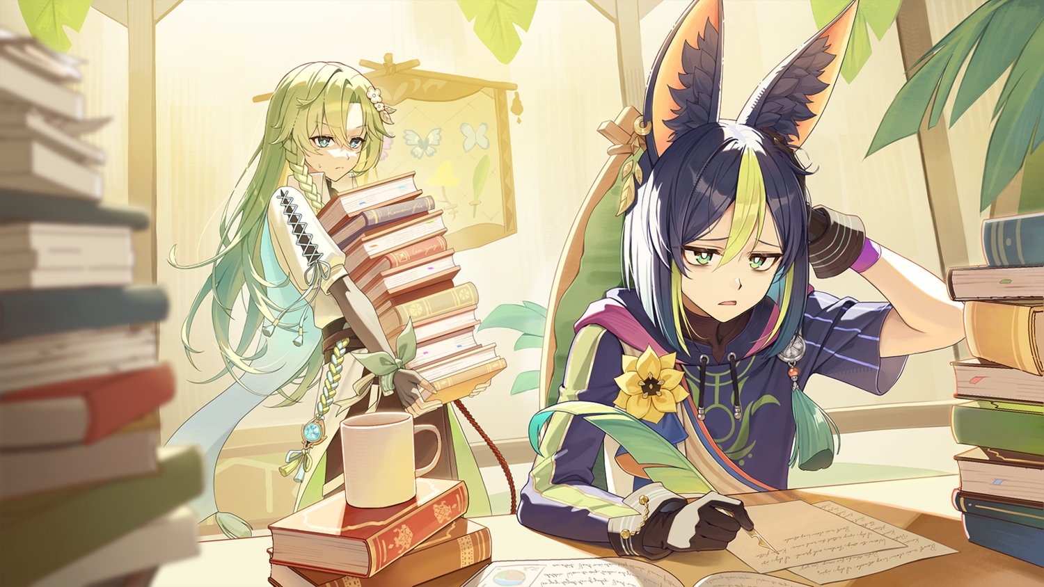 animal_ears, aqua_eyes, black_hair, book, braids, elbow_gloves, genshin_impact, gloves