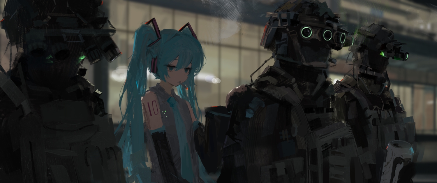 aqua_eyes, aqua_hair, cigarette, dark, goggles, group, hatsune_miku, koukouya
