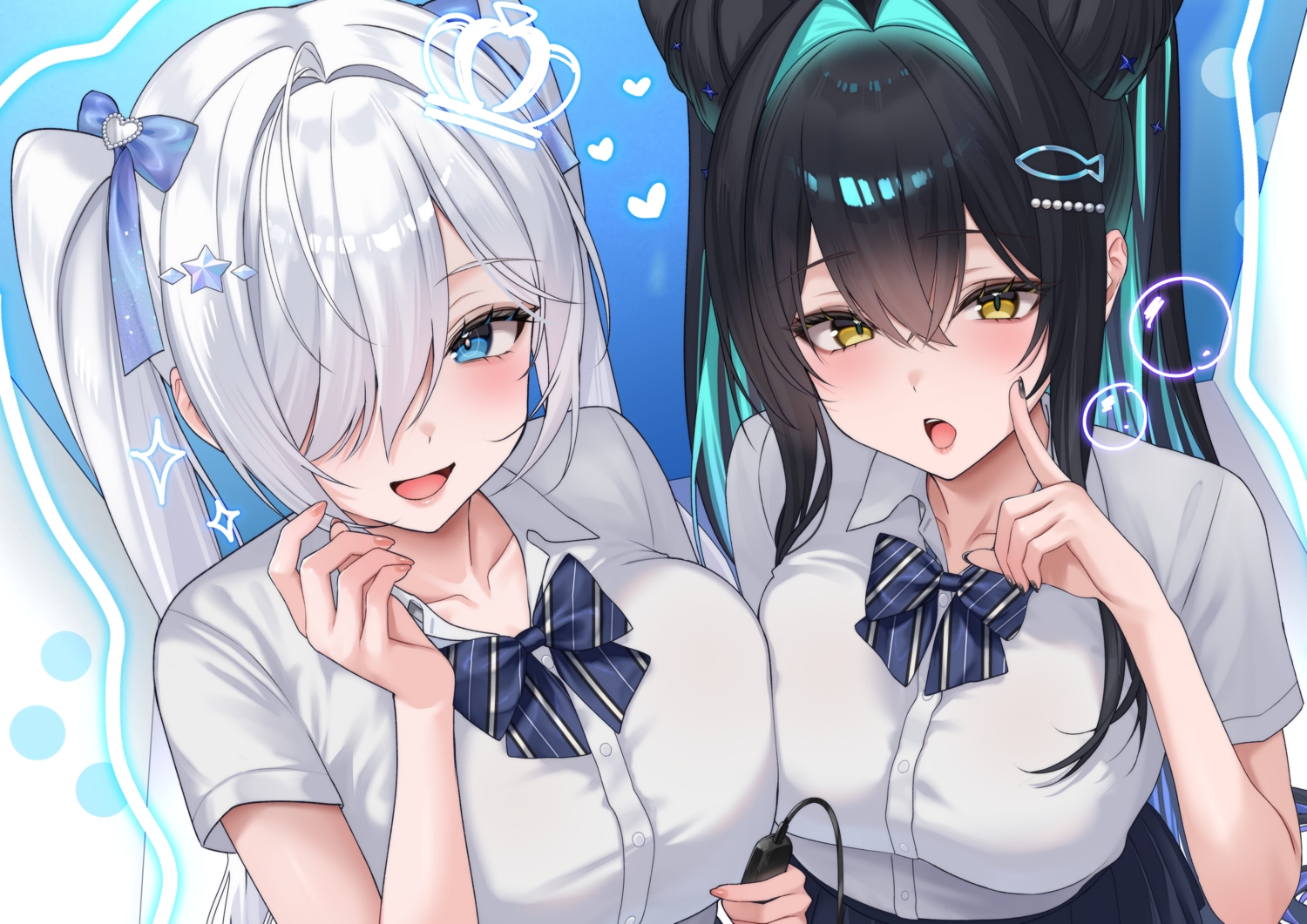 2girls, black_hair, blue_eyes, blush, bow, cinderella_(nikke), close, goddess_of_victory:_nikke, gray_hair, little_mermaid_(nikke), long_hair, nigi_(ngmnoym), school_uniform, twintails, yellow_eyes