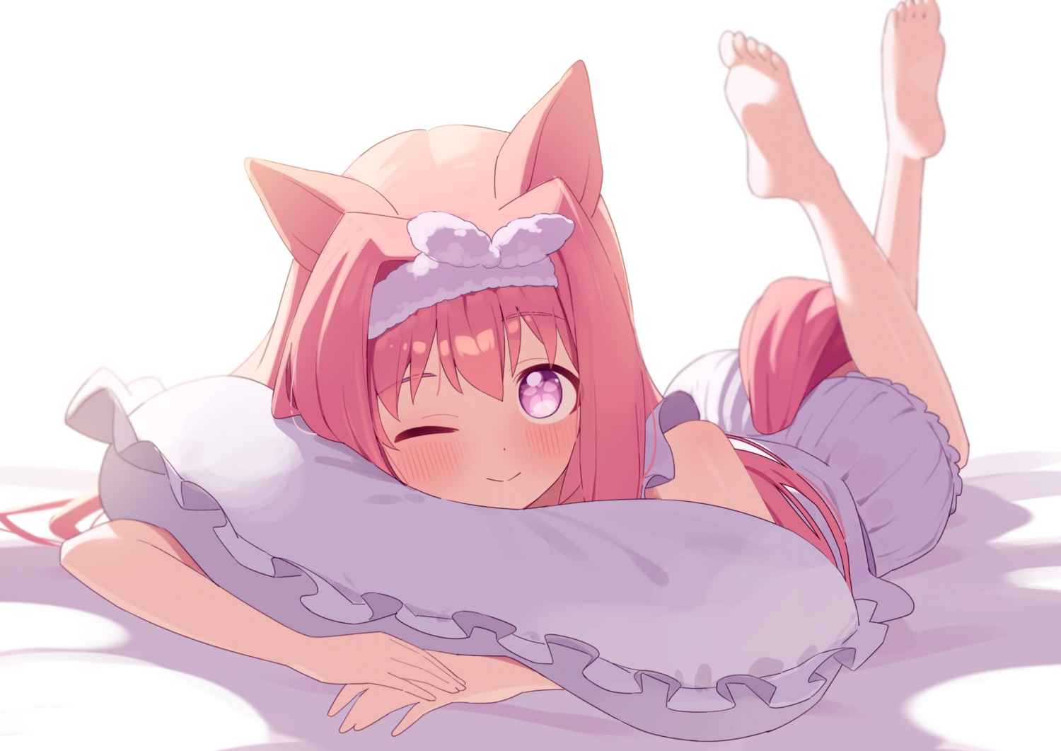 animal_ears, anthropomorphism, barefoot, blush, freely2327, haru_urara_(umamusume), headband, long_hair, pajamas, pink_hair, purple_eyes, shorts, tail, uma_musume:_pretty_derby, white, wink