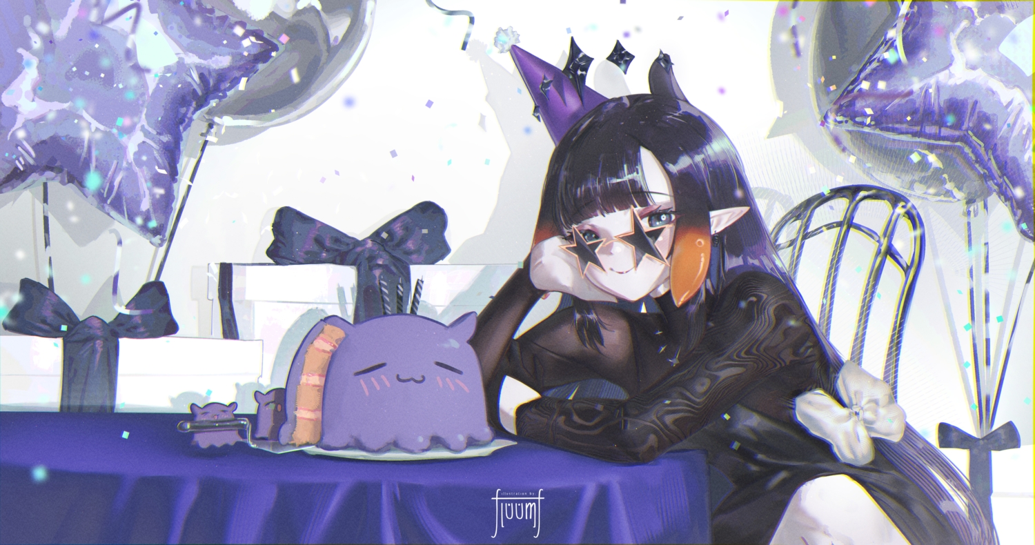black_hair, blush, bow, cake, dress, floomf, food, gray_eyes