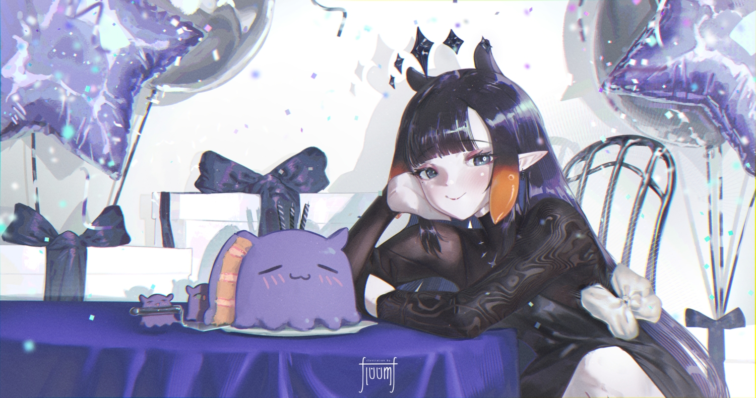 black_hair, blush, bow, cake, dress, floomf, food, gray_eyes, hololive, long_hair, ninomae_ina'nis, pointed_ears, watermark