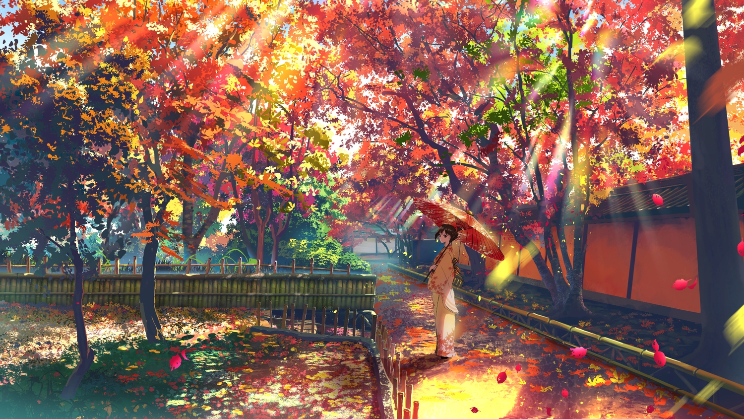 aliasing, autumn, japanese_clothes, kimono, leaves, original, scenic, smile_(qd4nsvik)