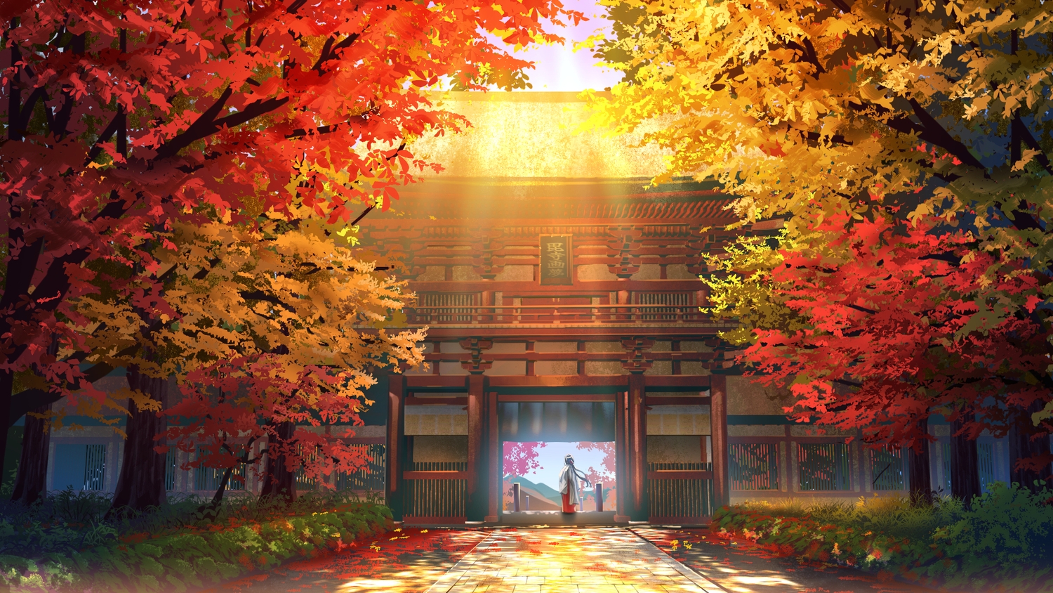 autumn, building, japanese_clothes, leaves, miko, original, scenic, shrine